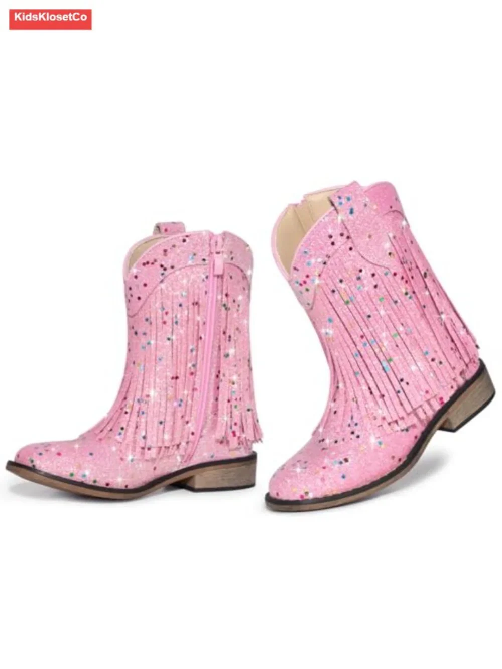 Kids Glitter Fringe Cowgirl Boots Square Toe Sparkle Boots with Zipper